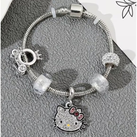 Hello Kitty Crystal Pendant Bracelet Silver-Tone Snake Chain with Sparkle Beads - Picture 3 of 3